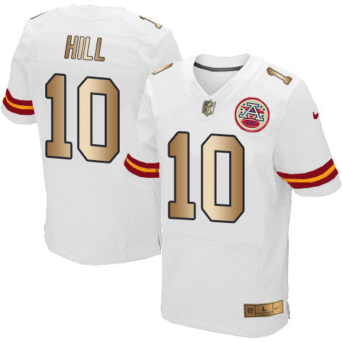 Nike Chiefs #10 Tyreek Hill White Men's Stitched NFL Elite Gold Jersey - Click Image to Close